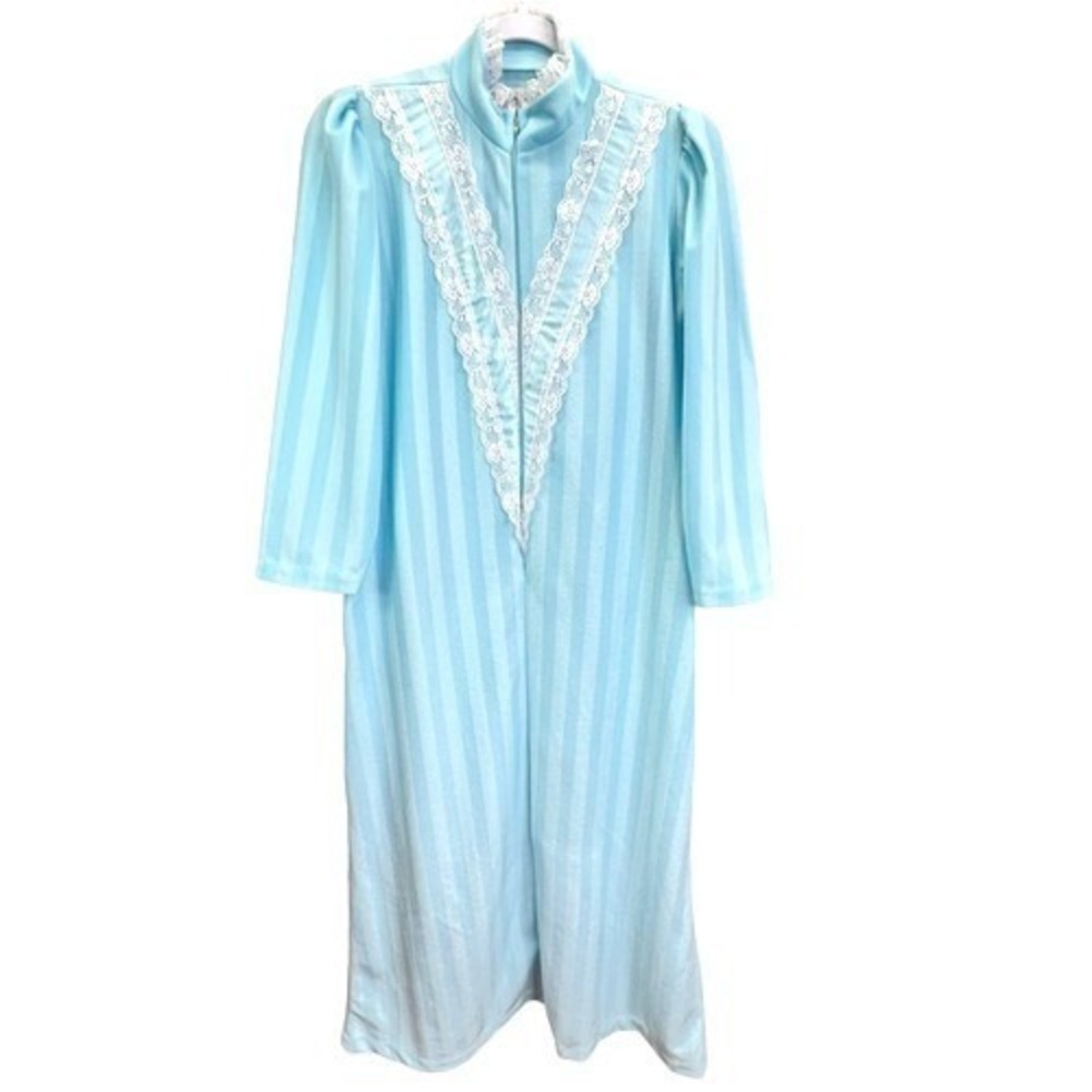 Vintage Lace Trim Zip Front Robe Louise D Long Nightgown Striped Blue Womens S